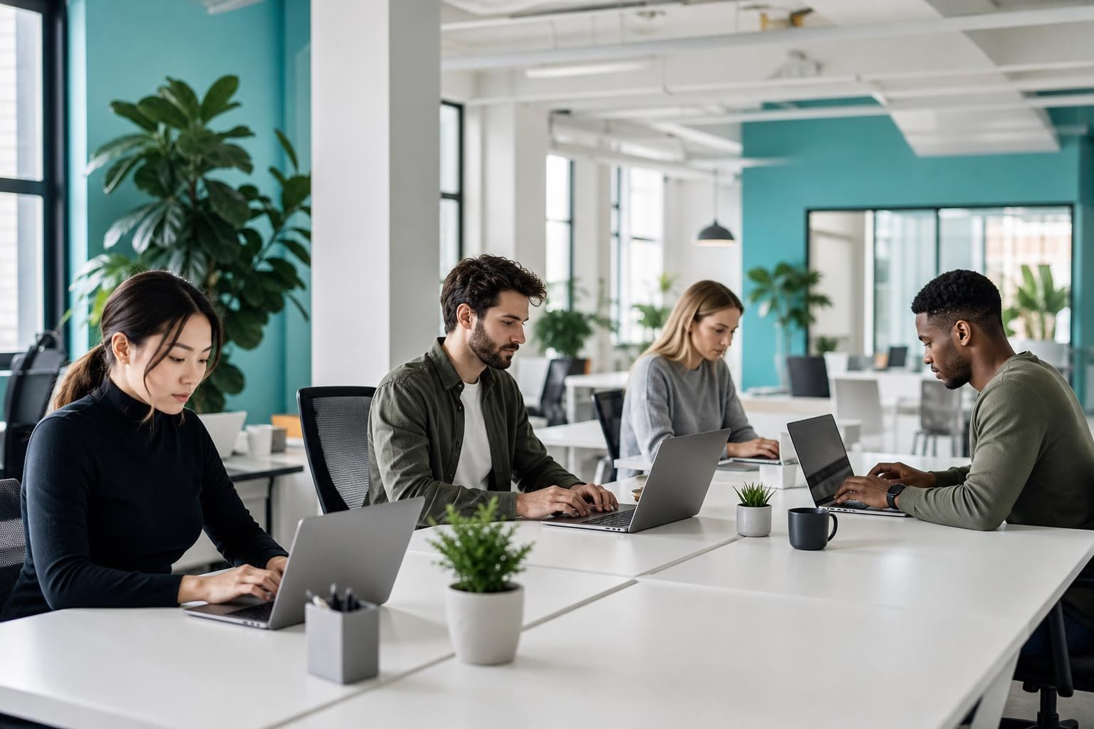 Équipe travaillant ensemble dans un bureau ouvert et lumineux